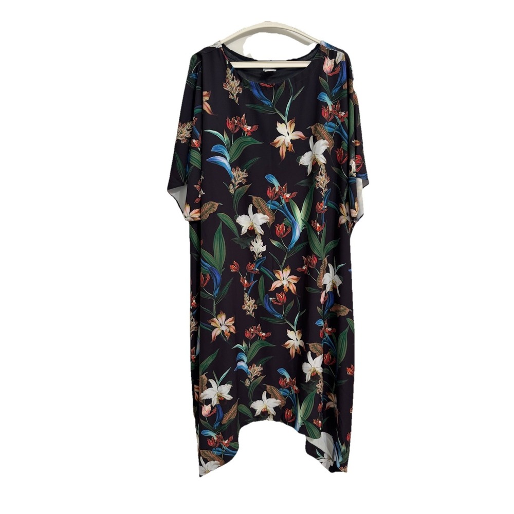 Chicos Size 3 16/18 Maxi Dress Navy Floral Lined Kimono Stretch Oversize Resort